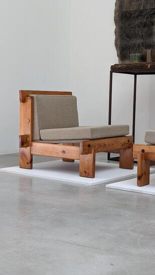 minimalist pinewood 1970s pair of armchairs